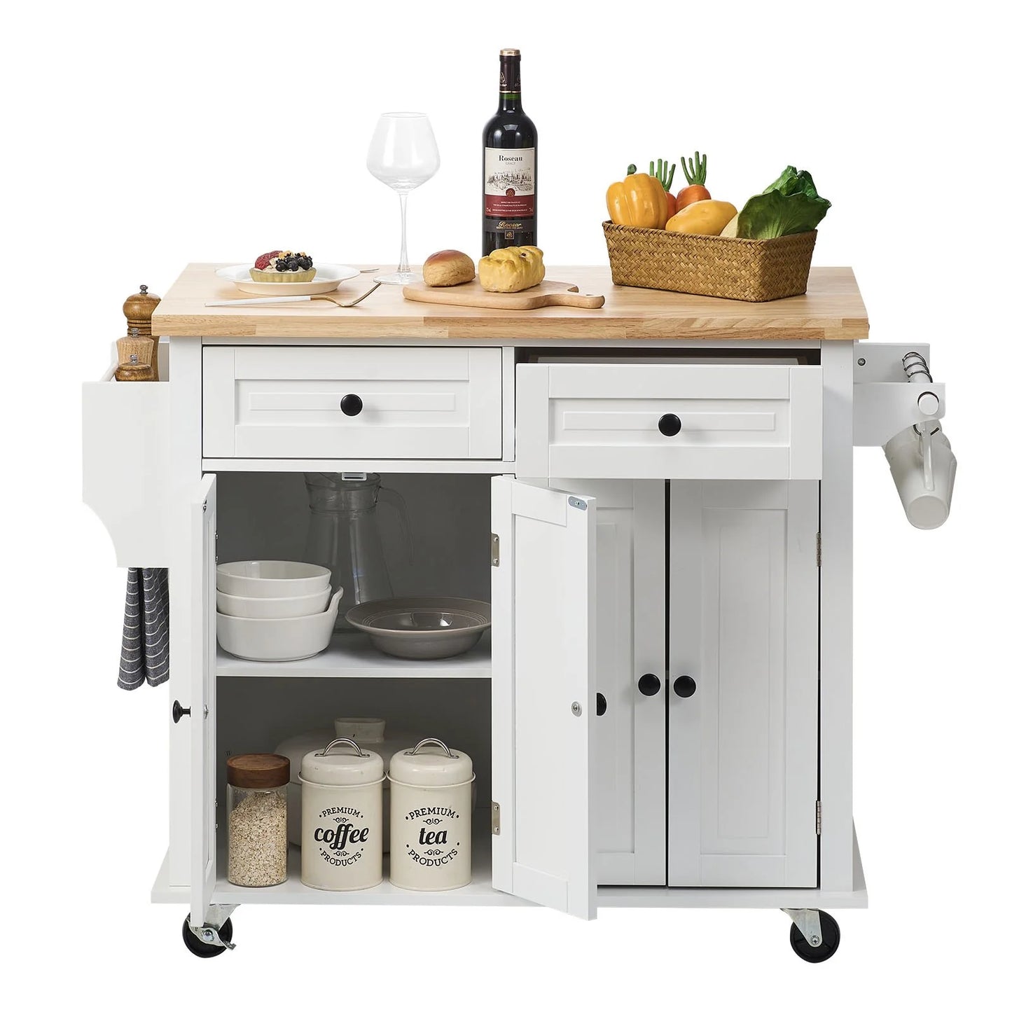 VEVOR Kitchen Island Cart with Solid Wood Top, 35.4 Width Mobile Carts with Storage Cabinet, Rolling Kitchen Table with Spice Rack, Towel Rack, and Drawer, Portable Islands on Wheels, White