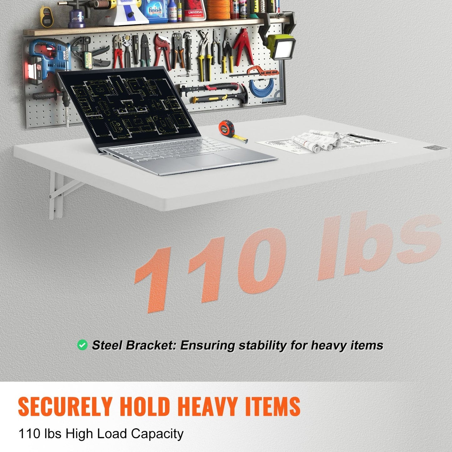 VEVOR Wall Mounted Folding Table, 39.37 X 19.69 Wall Mount Drop Leaf Table, Floating Desk with Iron Bracket, Fold down Desk for Small Spaces, Home Office, Dining, Laundry Room, Kitchen, Bar, White