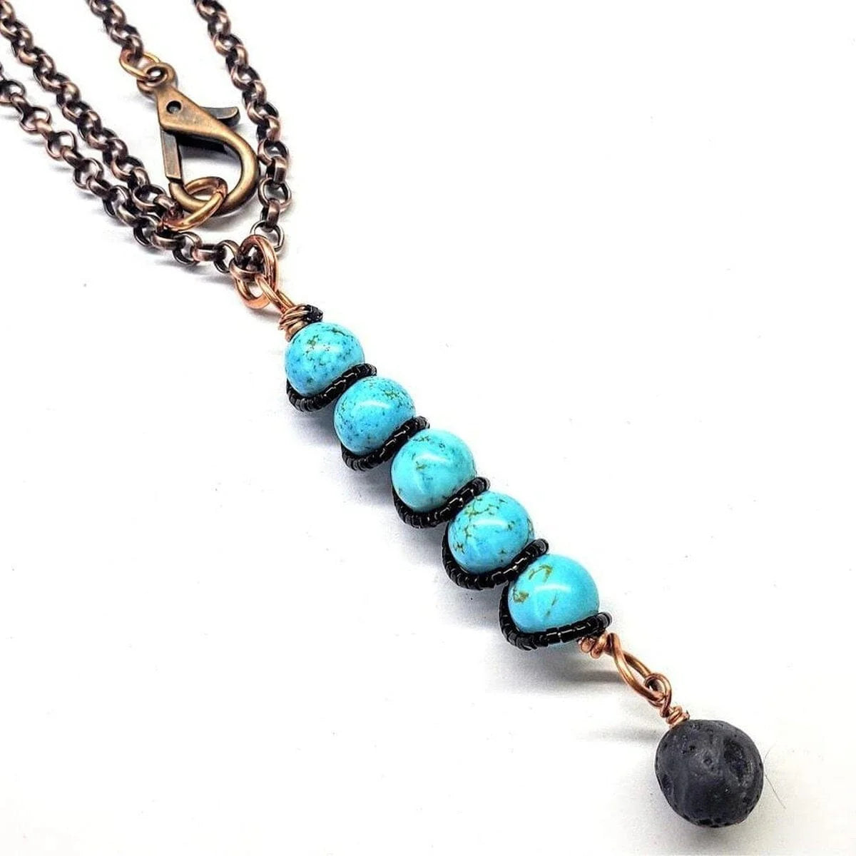 Copper Spiral Turquoise Stick Pendant with Essential Oil Lava Rock Bead Charm