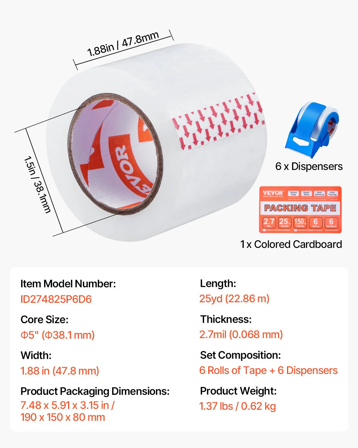 Clear Packing Tape 6 Rolls 25 Yards Clear Shipping Tape with Dispenser 2.7 Mil