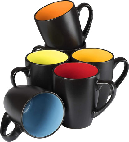 Stylish 14Oz Black Coffee Mugs Set of 6 - Durable Stoneware with Colorful Interiors Perfect for Your Coffee Maker