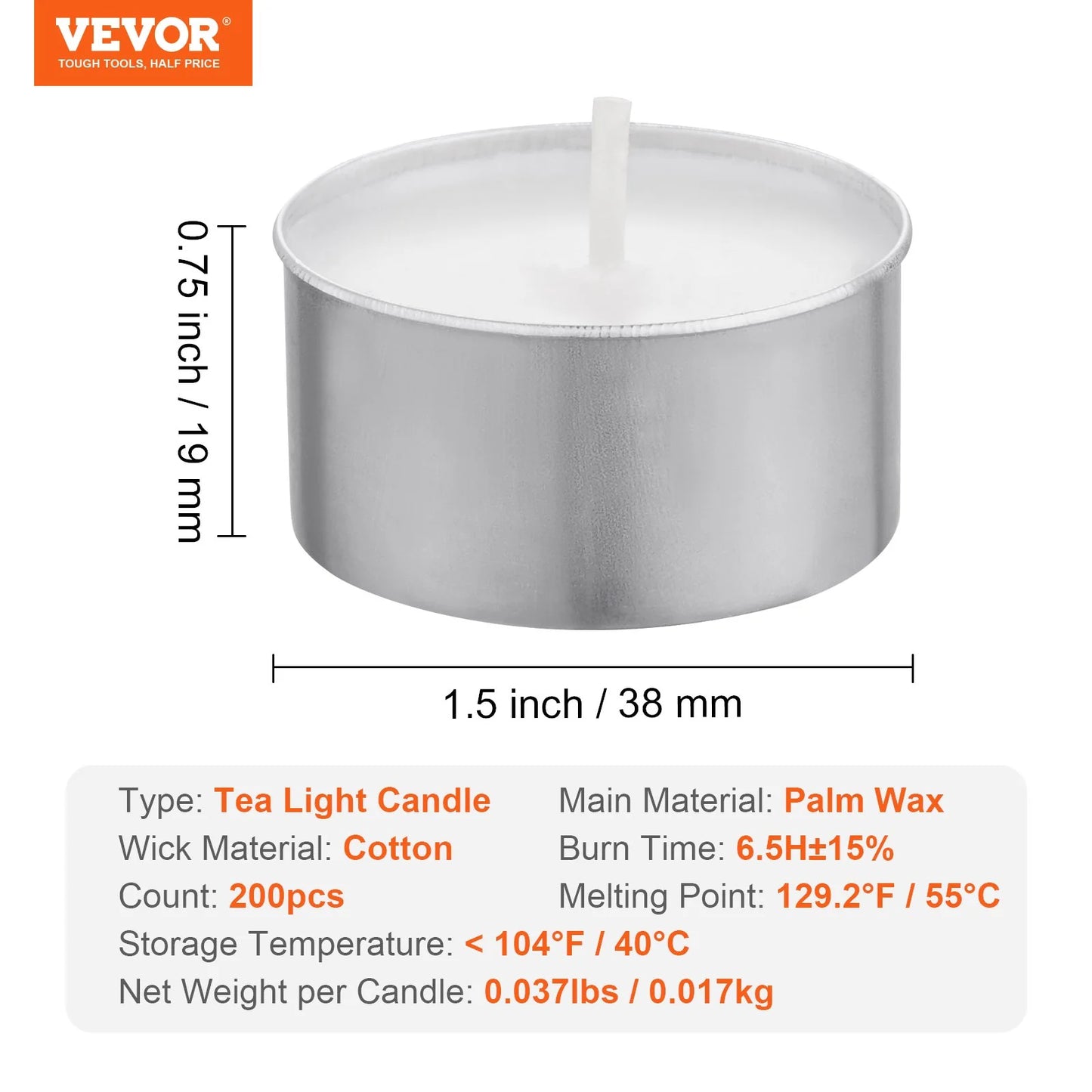 VEVOR 200 Pack Unscented Tea Light Candles - Long Lasting 6.5 Hour Burn for Holiday Celebrations