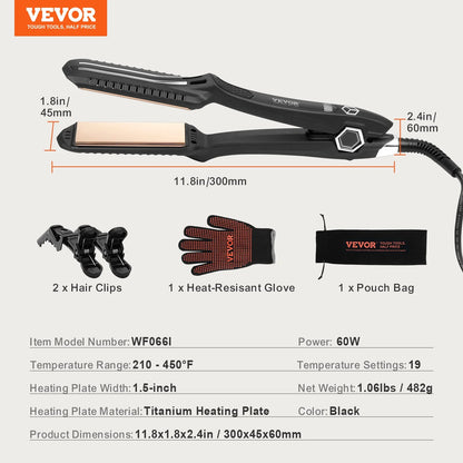 VEVOR Professional 1.5-Inch Titanium Hair Straightener - Dual Infrared Flat Iron with LCD Display, 19 Temperature Settings (210°F-450°F), Dual Voltage for Home & Travel Use