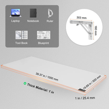 VEVOR Wall Mounted Folding Table, 39.37 X 19.69 Wall Mount Drop Leaf Table, Floating Desk with Iron Bracket, Fold down Desk for Small Spaces, Home Office, Dining, Laundry Room, Kitchen, Bar, White