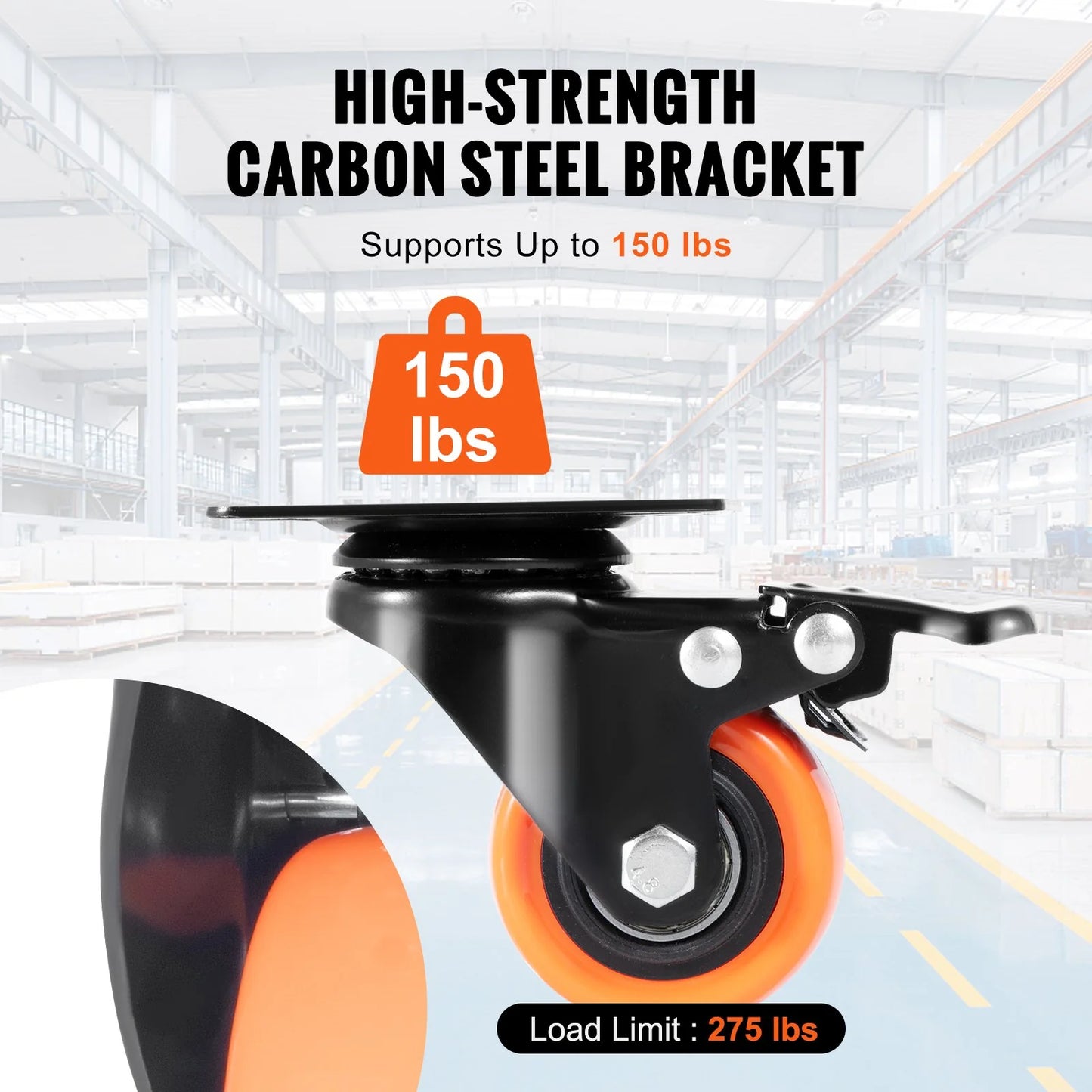 VEVOR Caster Wheels, 2-Inch Swivel Plate Casters, Set of 4, with Security Dual Locking No Noise PVC Wheels, Heavy Duty 150 Lbs Load Capacity per Caster, Non-Marking Wheels for Cart Furniture Workbench