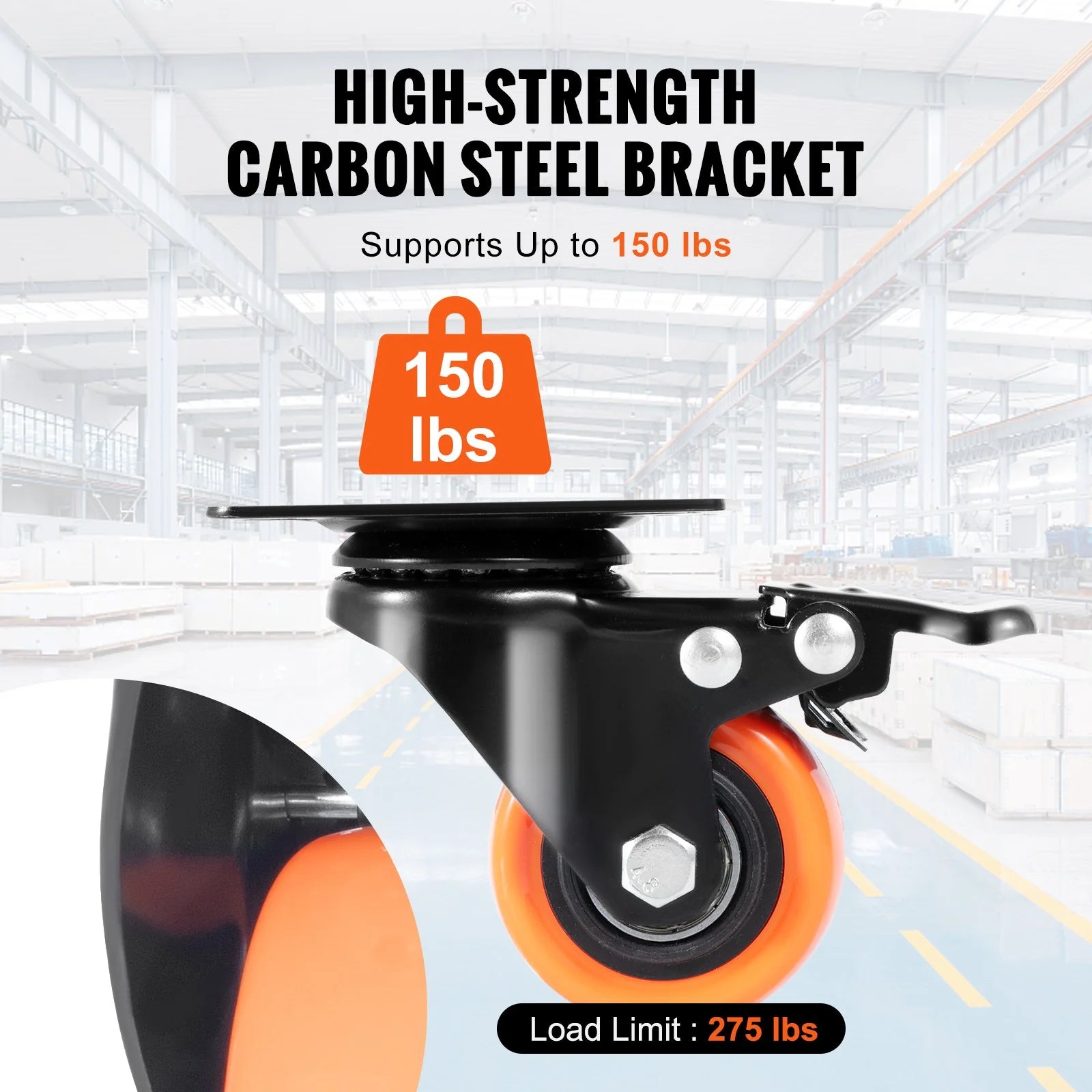 VEVOR Caster Wheels, 2-Inch Swivel Plate Casters, Set of 4, with Security Dual Locking No Noise PVC Wheels, Heavy Duty 150 Lbs Load Capacity per Caster, Non-Marking Wheels for Cart Furniture Workbench