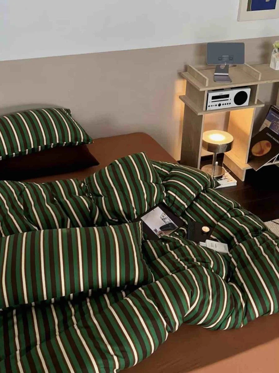 Retro Jersey Knit Stripe Queen Duvet Cover Set with Pillowcases & Fitted Sheet