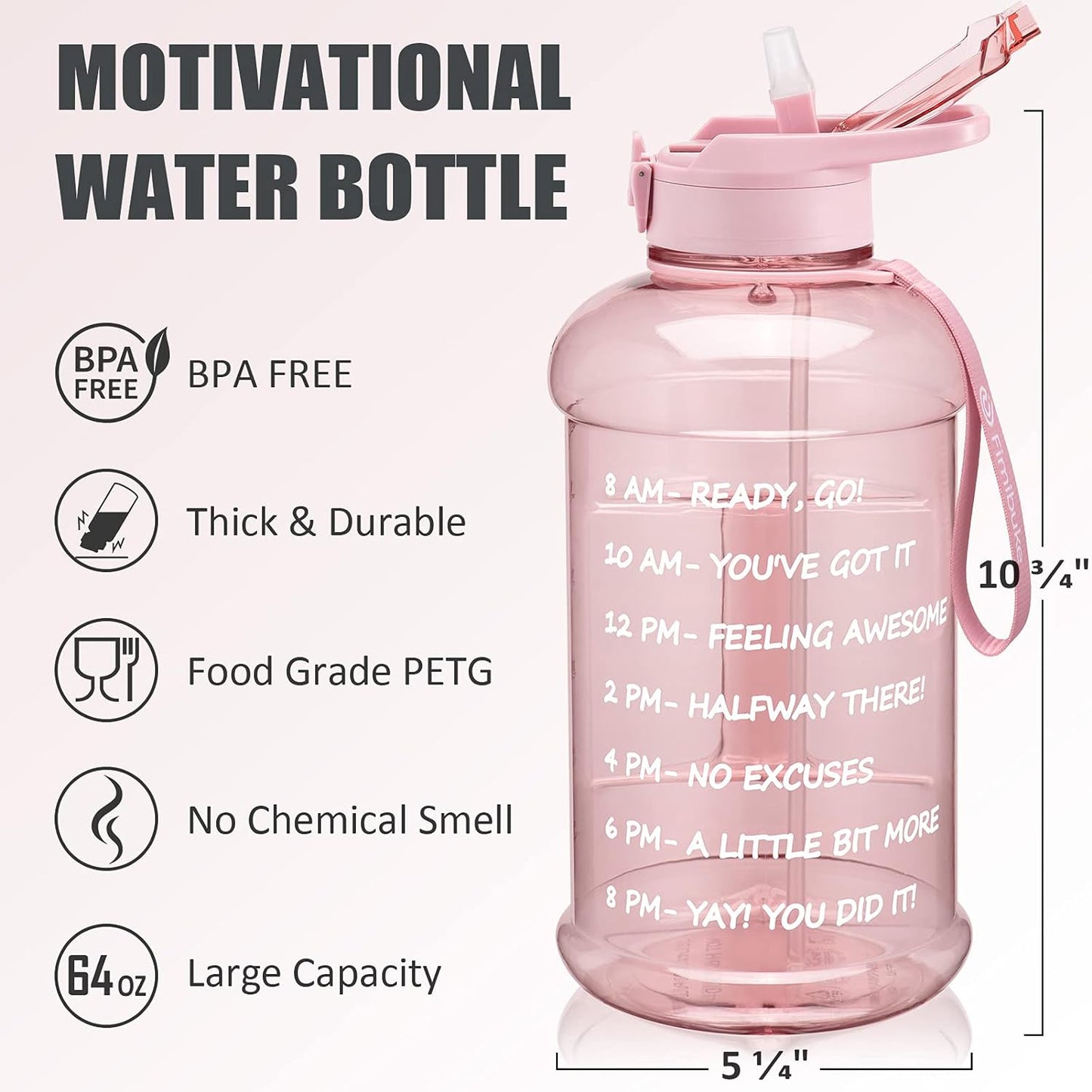 Motivational 64 oz Half Gallon Water Bottle with Sleeve - Leakproof, BPA-Free, Includes Handle & Straw - Perfect for Gym & Sports!