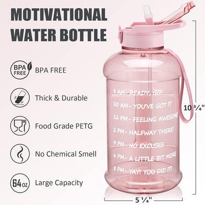 Motivational 64 oz Half Gallon Water Bottle with Sleeve - Leakproof, BPA-Free, Includes Handle & Straw - Perfect for Gym & Sports!