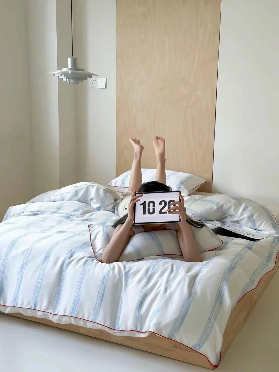 Elegant Coastal Silky Smooth Tencel Lyocell Queen Size Pastel Stripe Duvet Cover Set