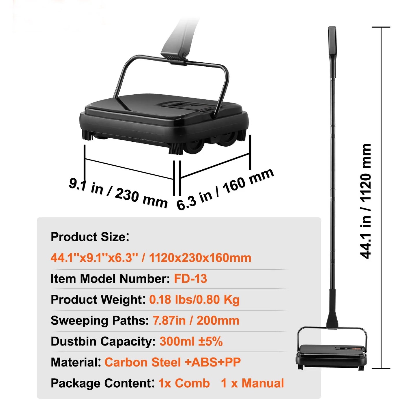 VEVOR Carpet Sweeper, 7.87 in Sweeping Paths, Floor Sweeper Manual Non Electric, 300 Ml Dustbin Capacity with Comb for Home Office Rugs Hardwood Surfaces Wood Floors Laminate, Cleans Dust Pet Hair