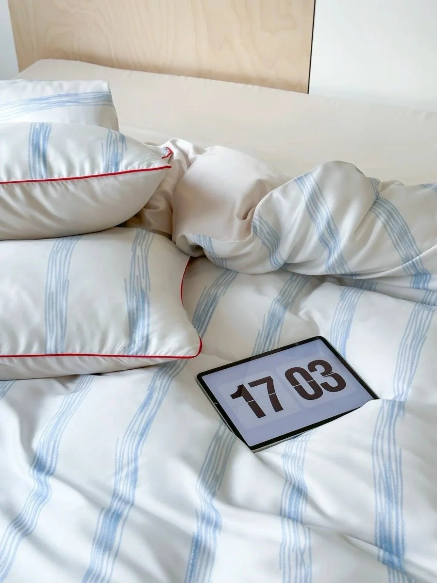 Elegant Coastal Silky Smooth Tencel Lyocell Queen Size Pastel Stripe Duvet Cover Set