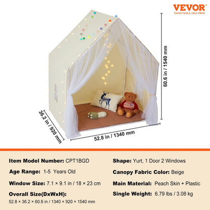 VEVOR Kids Play Tent, Kids Tent for Kids 1-5 Years Old, Toddler Tent with Mat and Tent Lamp, Tent for Kids with Windows for Indoor and Outdoor, Yurt Tent for Boys and Girls, Beige