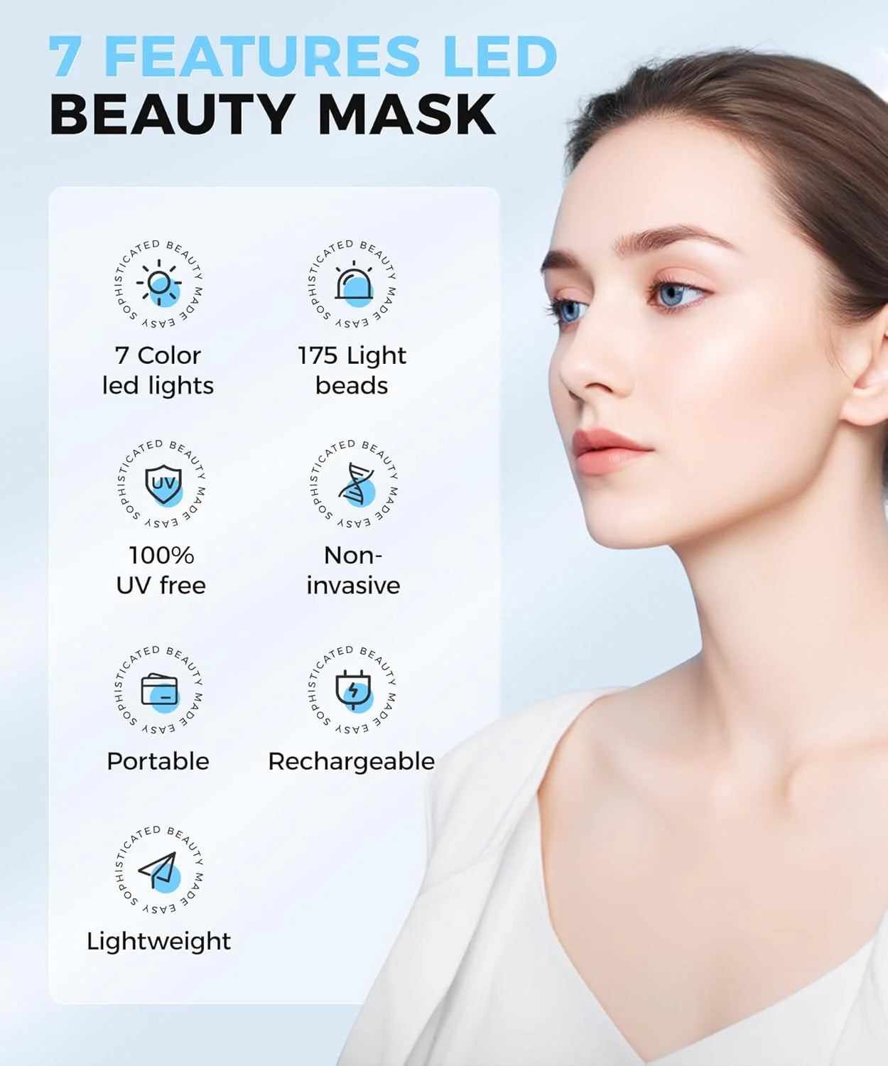 LED Face Mask Light Therapy, Red Light Therapy for Face, 7-1 Colors LED Facial Skin Care Mask, 175 High-Density Light Beads, Black