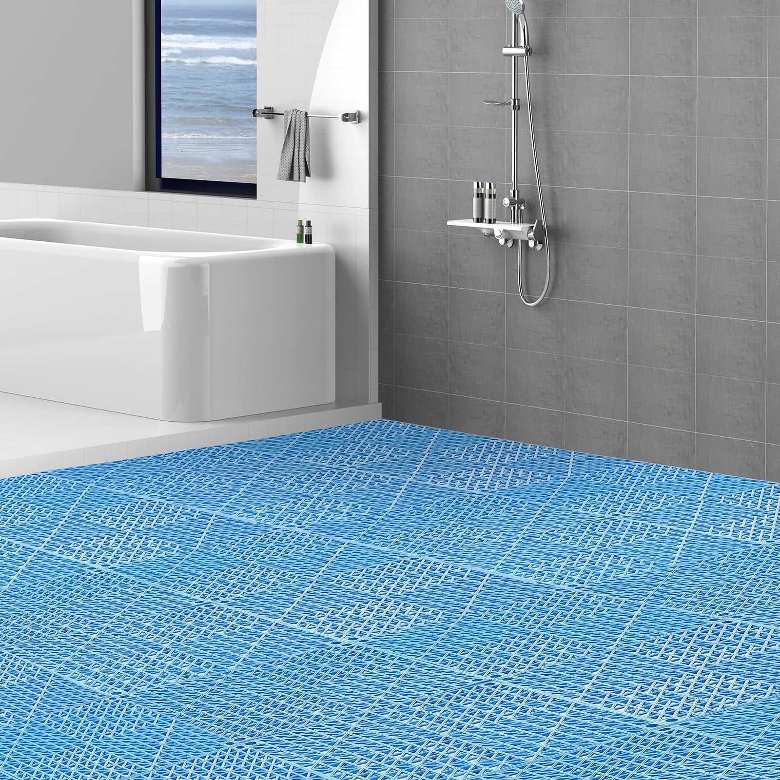 VEVOR Interlocking Tile 55PCS Blue, Drainage Tiles 12 X 12 Splicing, Soft PVC Interlocking Drainage Floor Tiles, Non-Slip Drainage Holes for Restroom, Bathroom, Kitchen, Pool, Wet Areas, Blue