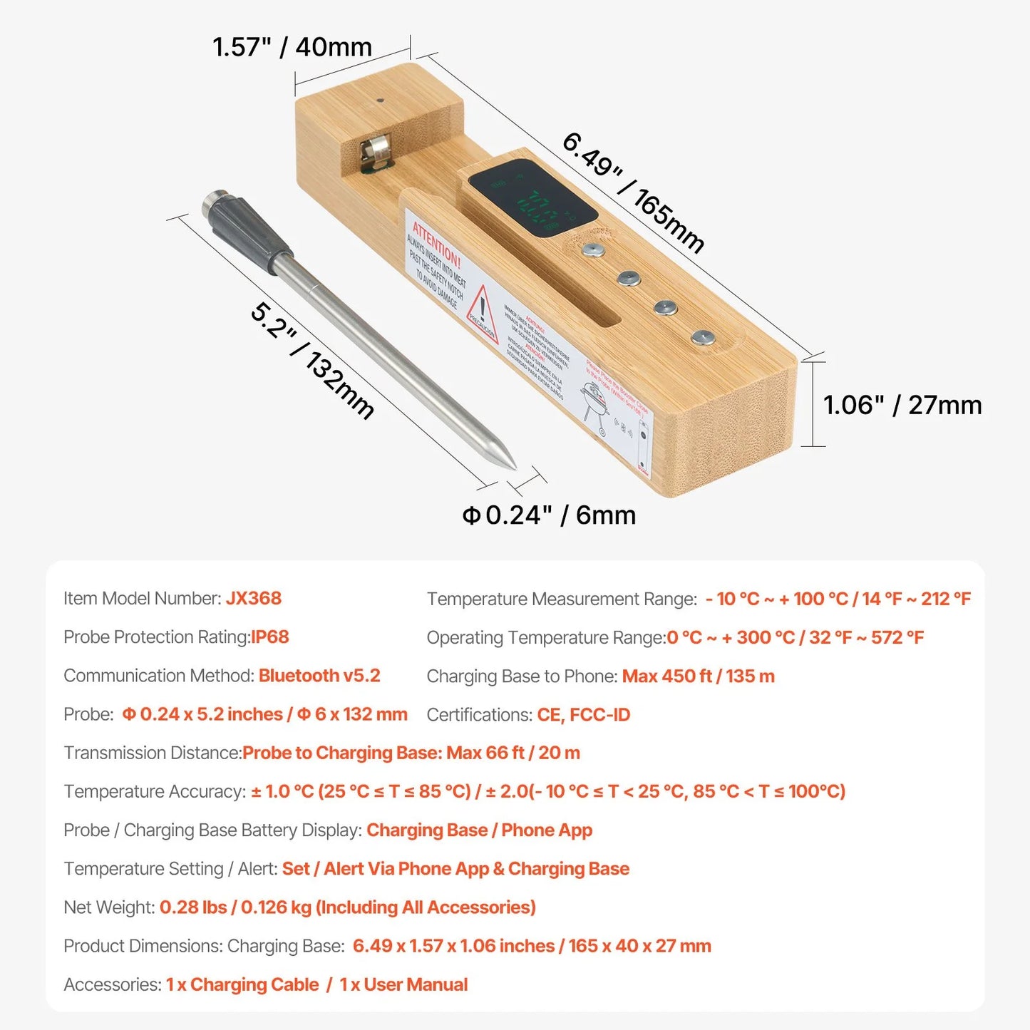 VEVOR Wireless Meat Thermometer Bluetooth Meat Probe 500 Ft Range for Cooking