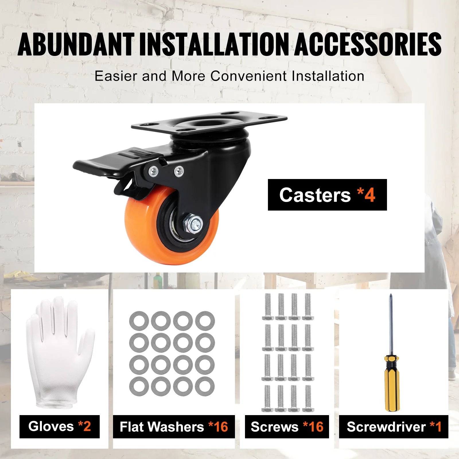 VEVOR Caster Wheels, 2-Inch Swivel Plate Casters, Set of 4, with Security Dual Locking No Noise PVC Wheels, Heavy Duty 150 Lbs Load Capacity per Caster, Non-Marking Wheels for Cart Furniture Workbench