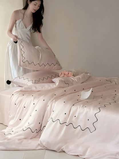 Elegant Retro Polka Dot Silky Tencel Lyocell Queen Size Duvet Cover Set