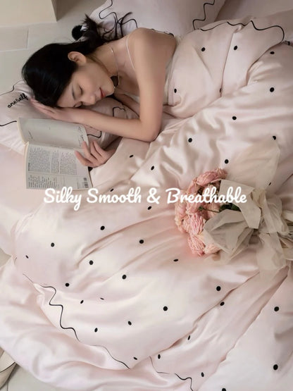 Elegant Retro Polka Dot Silky Tencel Lyocell Queen Size Duvet Cover Set