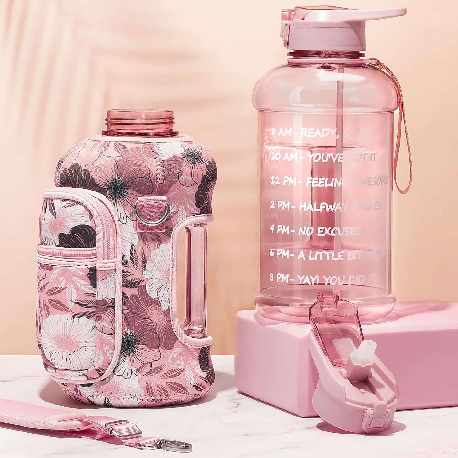 Motivational 64 oz Half Gallon Water Bottle with Sleeve - Leakproof, BPA-Free, Includes Handle & Straw - Perfect for Gym & Sports!