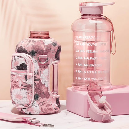 Motivational 64 oz Half Gallon Water Bottle with Sleeve - Leakproof, BPA-Free, Includes Handle & Straw - Perfect for Gym & Sports!