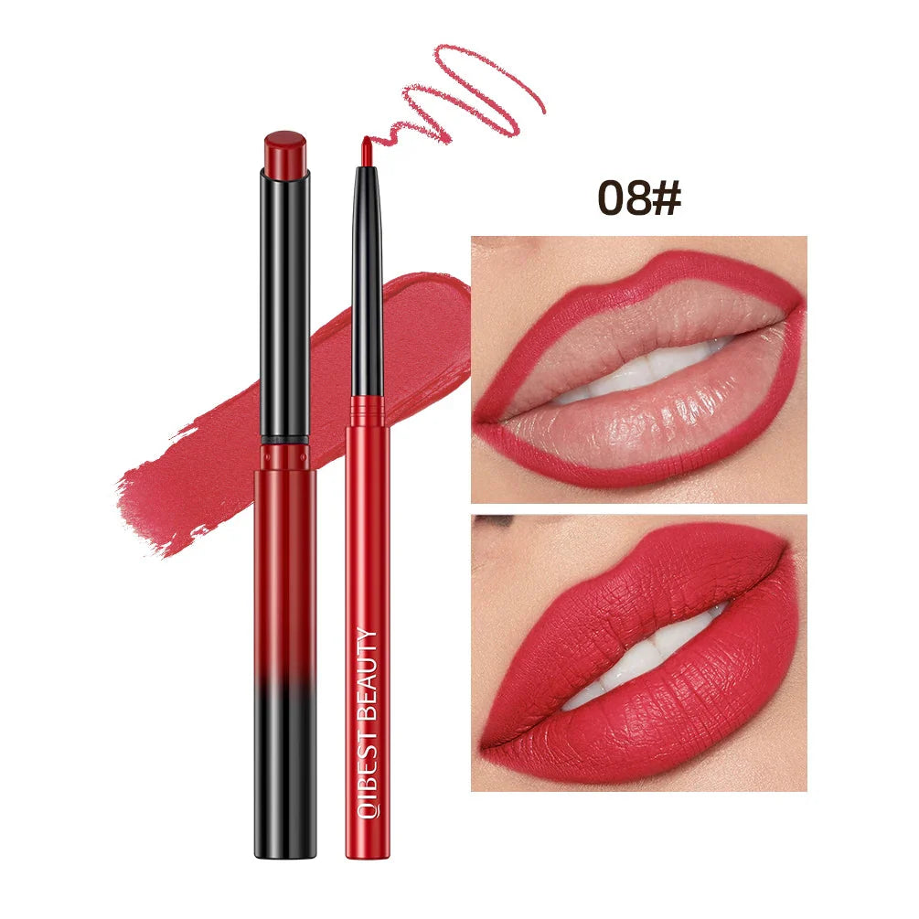 QIBEST Lipstick Pencil Waterproof Sexy Red Nude Purple Matte Tint Lipstick Lasting Lip Liner Pen Longlasting Makeup Cosmetics