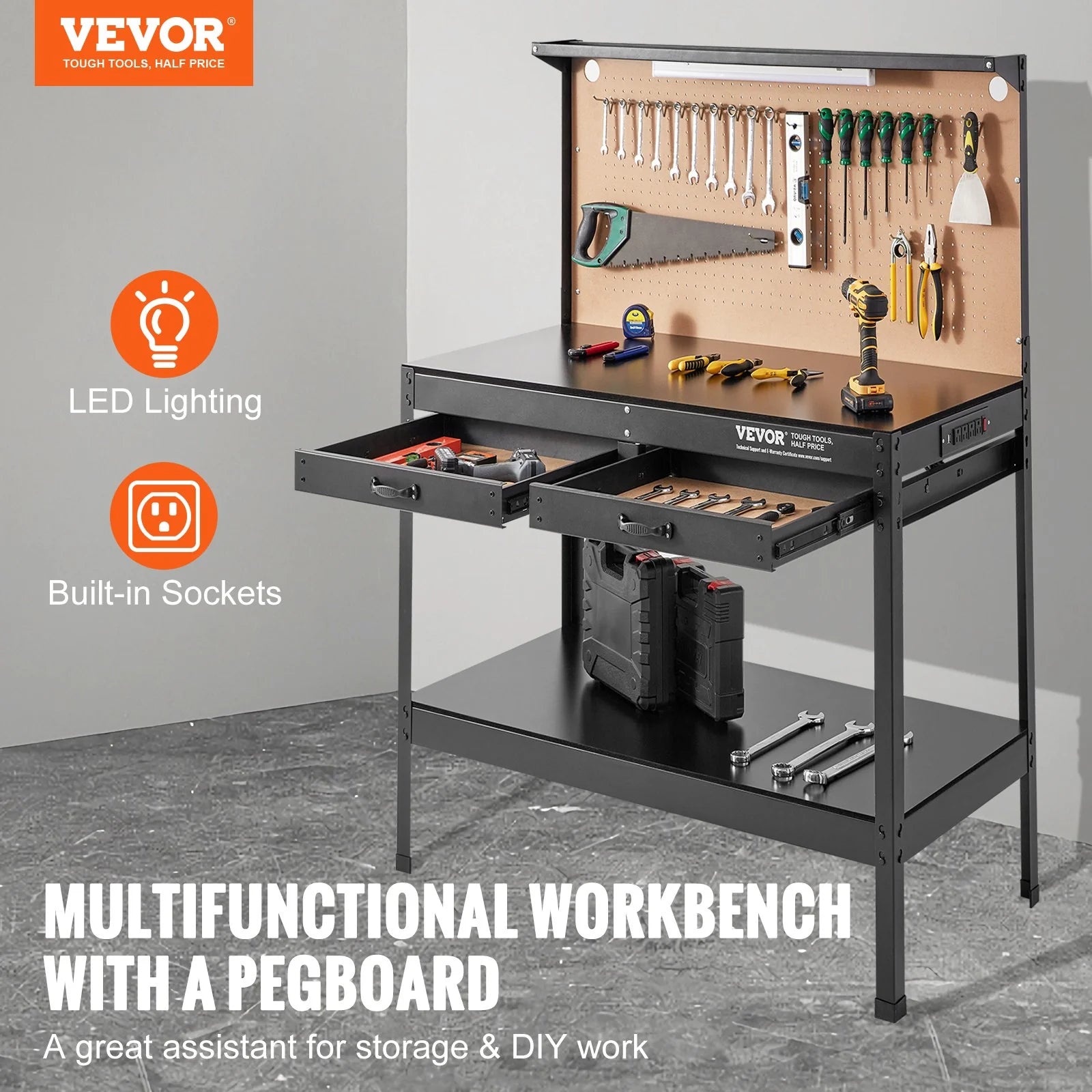 VEVOR Workbench A3 Steel Work Bench for Garage Max. 1500W Heavy Duty Workbench 220Lbs Weight Capacity 0.47 Bench Top Thickness Hardwood Workbench 1.5M Cable 4Xac Outlets 2Xusb Ports 30Xhooks