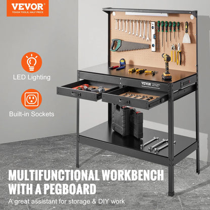 VEVOR Workbench A3 Steel Work Bench for Garage Max. 1500W Heavy Duty Workbench 220Lbs Weight Capacity 0.47 Bench Top Thickness Hardwood Workbench 1.5M Cable 4Xac Outlets 2Xusb Ports 30Xhooks