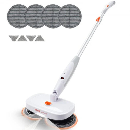 VEVOR Cordless Electric Mop, Electric Spin Mop with Water Tank, up to 40 Mins Battery, LED Headlight, Dual Mop Heads, 4 Microfiber Pads & 4 Trapezoid Microfiber Pads, for Hardwood/Tile Floor Cleaning