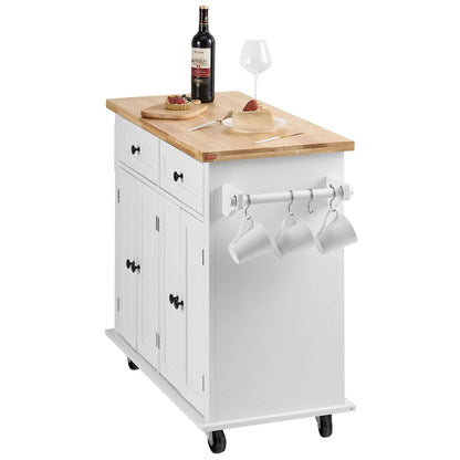 VEVOR Kitchen Island Cart with Solid Wood Top, 35.4 Width Mobile Carts with Storage Cabinet, Rolling Kitchen Table with Spice Rack, Towel Rack, and Drawer, Portable Islands on Wheels, White