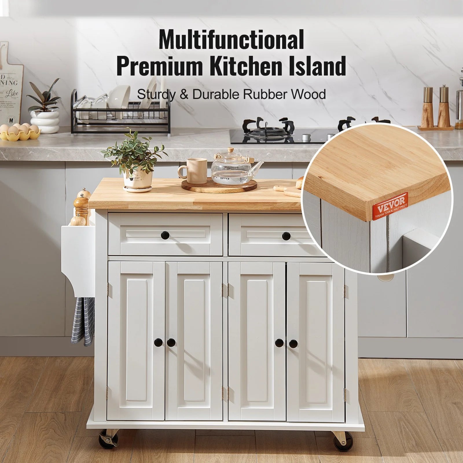 VEVOR Kitchen Island Cart with Solid Wood Top, 35.4 Width Mobile Carts with Storage Cabinet, Rolling Kitchen Table with Spice Rack, Towel Rack, and Drawer, Portable Islands on Wheels, White