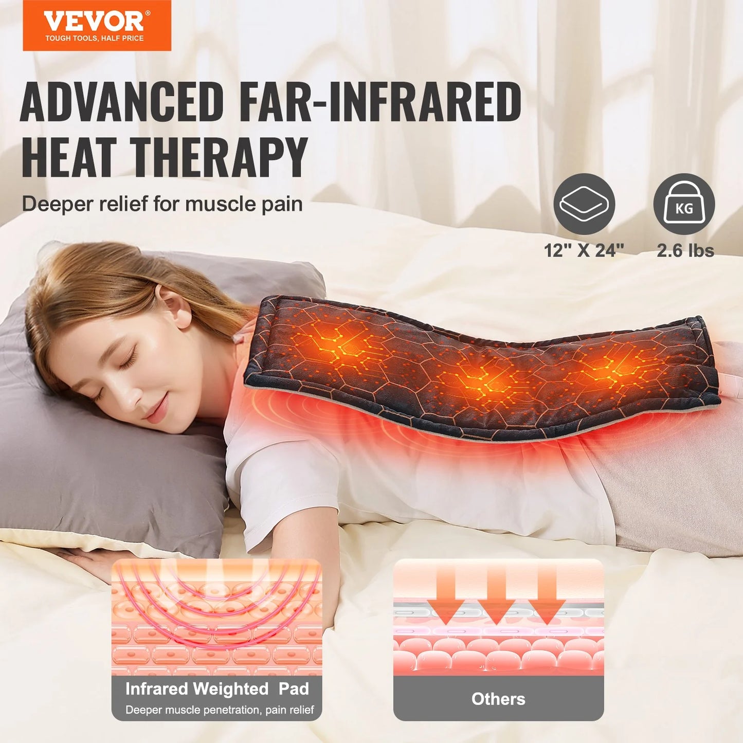 VEVOR Weighted Heating Pad with Far Infrared Therapy 12 X 24 in for Pain Relief