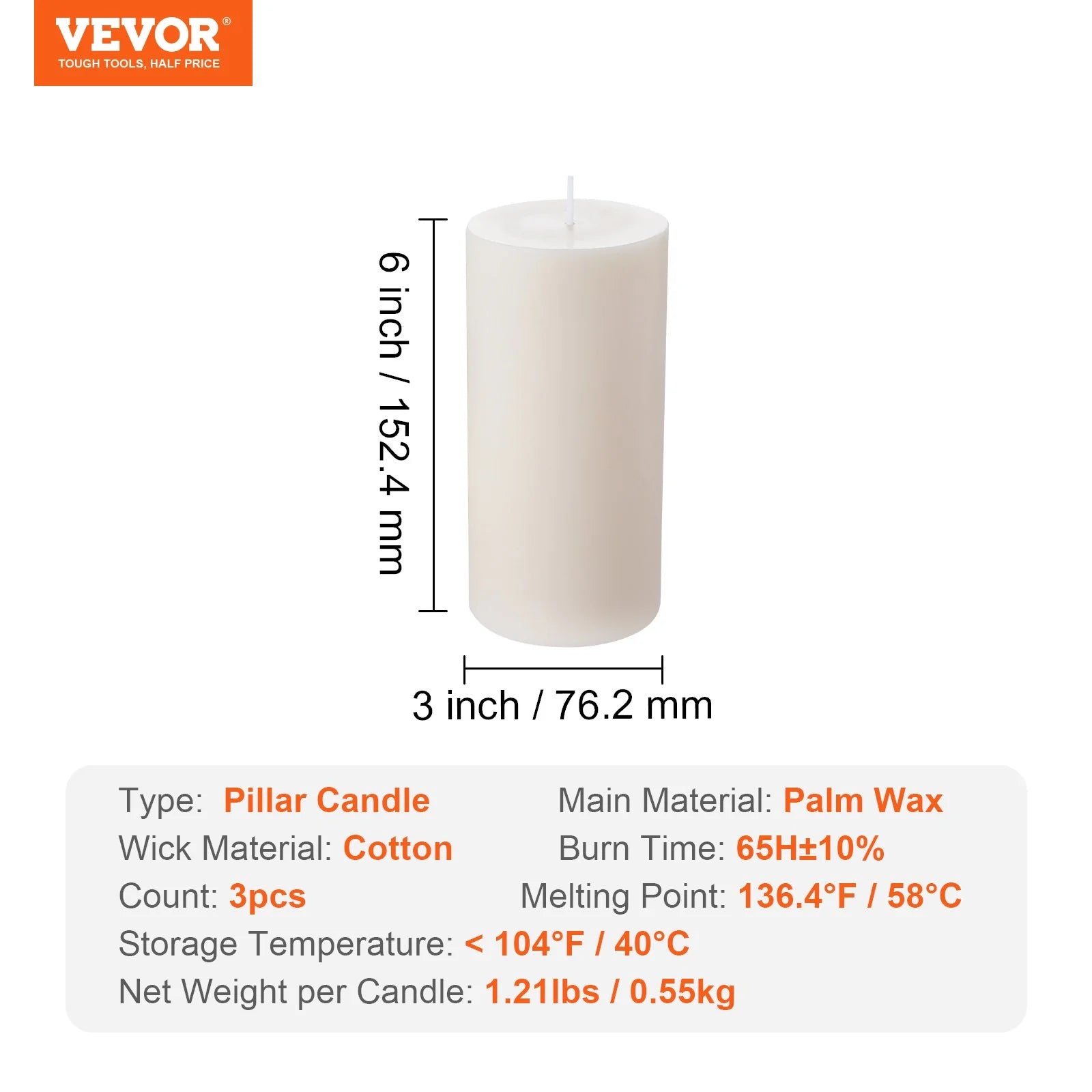 VEVOR 3-Pack Unscented White Pillar Candles - 65 Hours of Long-Lasting Christmas Ambiance