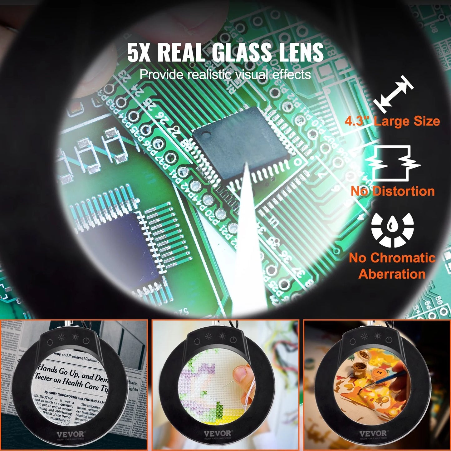 VEVOR Magnifying Glass with Light and Stand, 5X Magnifying Lamp, 4.3 Glass Lens, Base and Clamp 2-In-1 Desk Magnifier with Light, 64 LED Lights 5 Color Modes, for Close Work Reading Repair Crafts