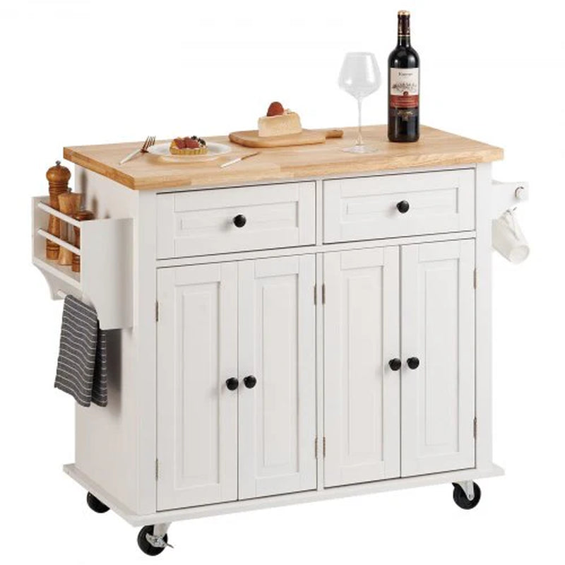 VEVOR Kitchen Island Cart with Solid Wood Top, 35.4 Width Mobile Carts with Storage Cabinet, Rolling Kitchen Table with Spice Rack, Towel Rack, and Drawer, Portable Islands on Wheels, White