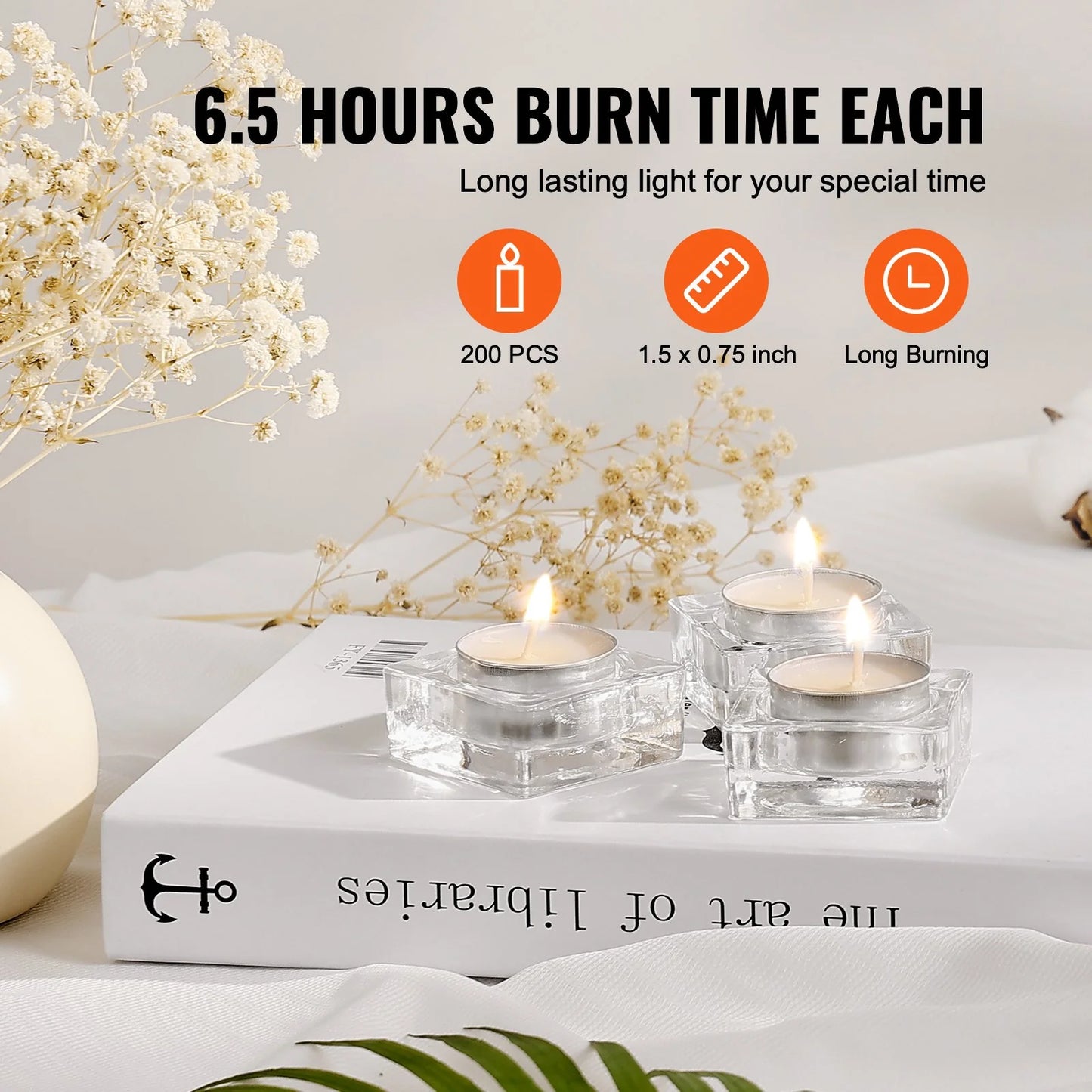 VEVOR 200 Pack Unscented Tea Light Candles - Long Lasting 6.5 Hour Burn for Holiday Celebrations