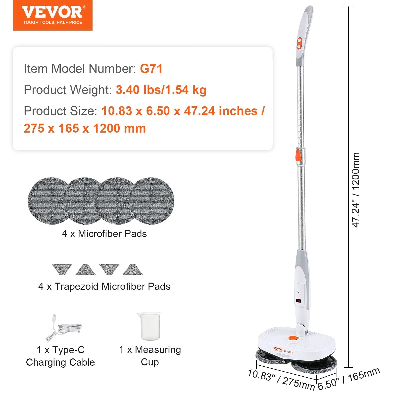VEVOR Cordless Electric Mop, Electric Spin Mop with Water Tank, up to 40 Mins Battery, LED Headlight, Dual Mop Heads, 4 Microfiber Pads & 4 Trapezoid Microfiber Pads, for Hardwood/Tile Floor Cleaning