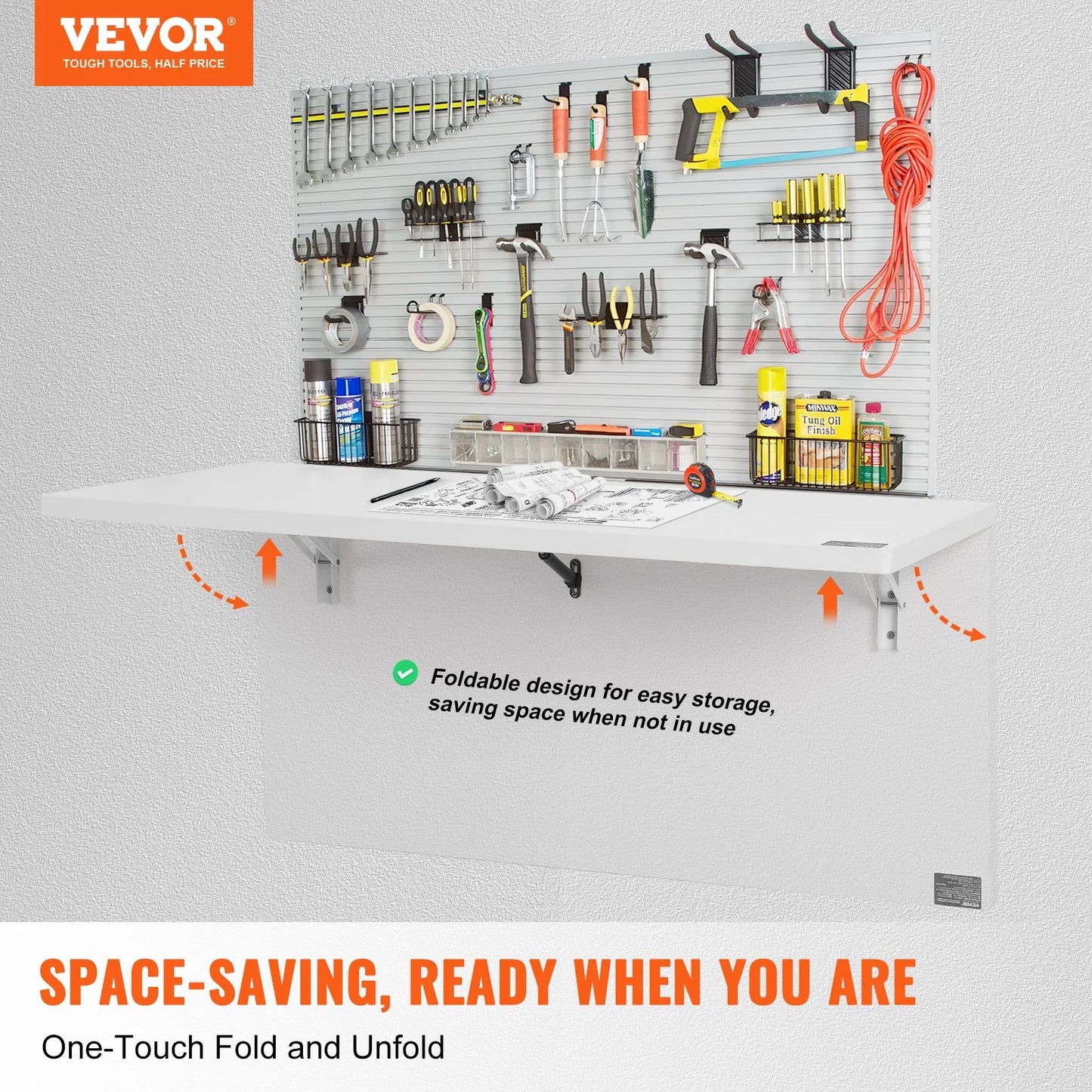 VEVOR Wall Mounted Folding Table, 39.37 X 19.69 Wall Mount Drop Leaf Table, Floating Desk with Iron Bracket, Fold down Desk for Small Spaces, Home Office, Dining, Laundry Room, Kitchen, Bar, White