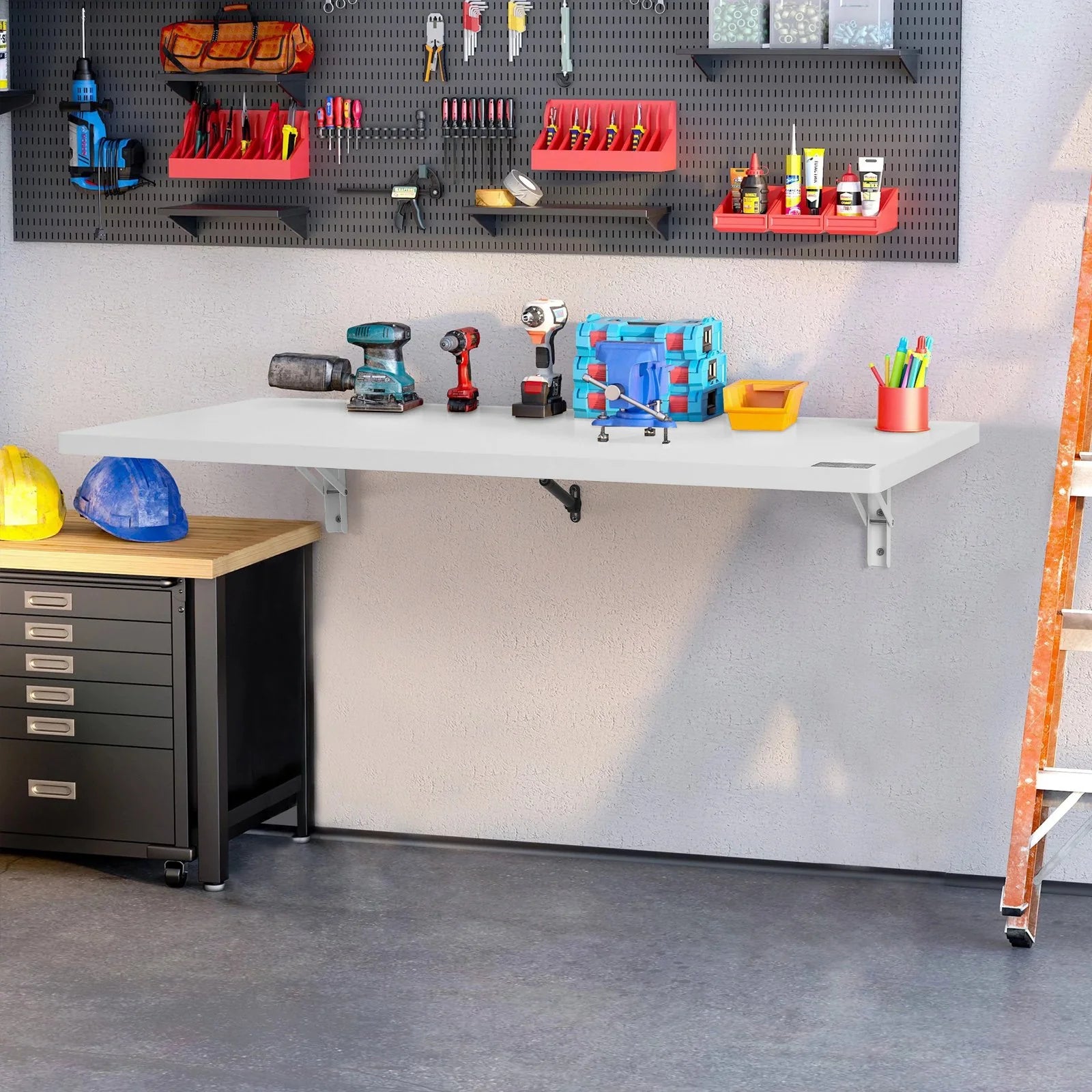 VEVOR Wall Mounted Folding Table, 39.37 X 19.69 Wall Mount Drop Leaf Table, Floating Desk with Iron Bracket, Fold down Desk for Small Spaces, Home Office, Dining, Laundry Room, Kitchen, Bar, White