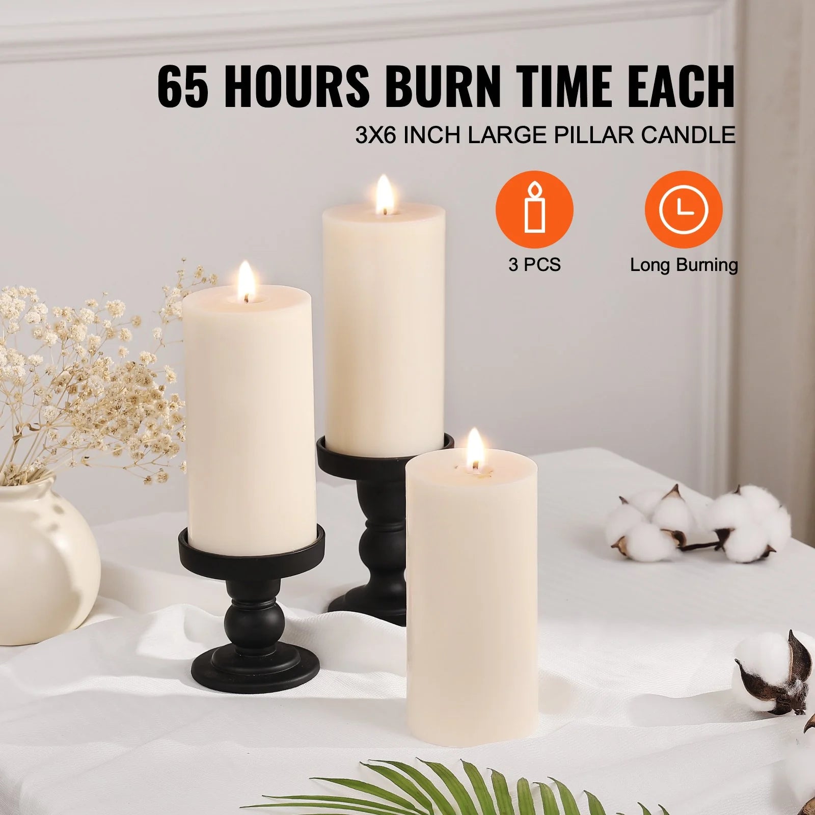 VEVOR 3-Pack Unscented White Pillar Candles - 65 Hours of Long-Lasting Christmas Ambiance
