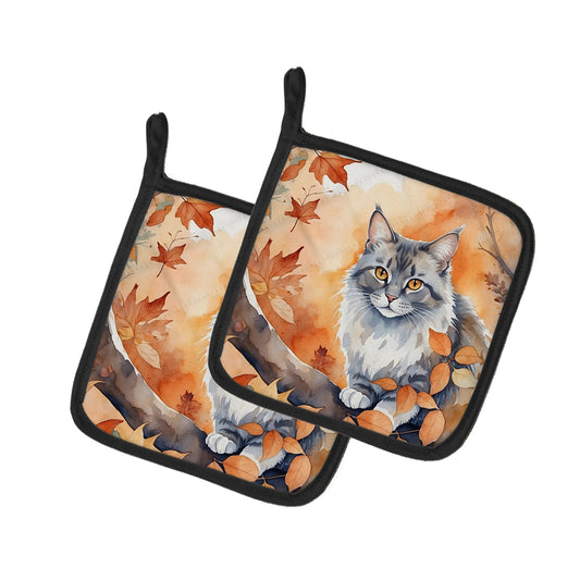 Australian Mist Cat in Fall Leaves Pair of Pot Holders