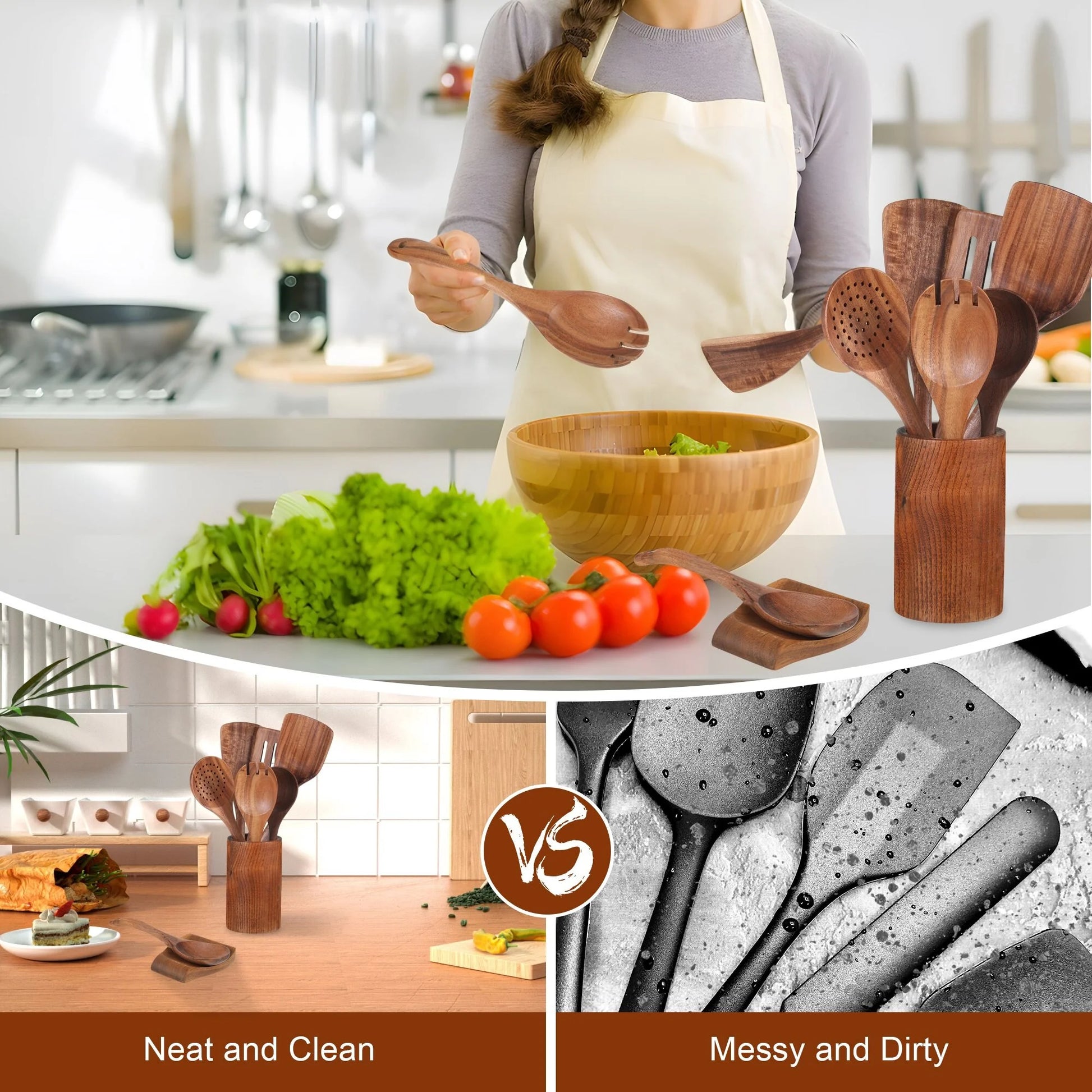 Set of 9 Premium Wooden Cooking Spoons and Utensils - Ideal for Your Kitchen!