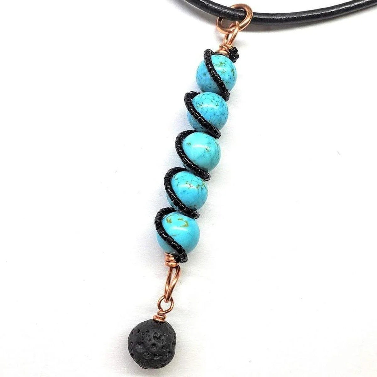 Copper Spiral Turquoise Stick Pendant with Essential Oil Lava Rock Bead Charm