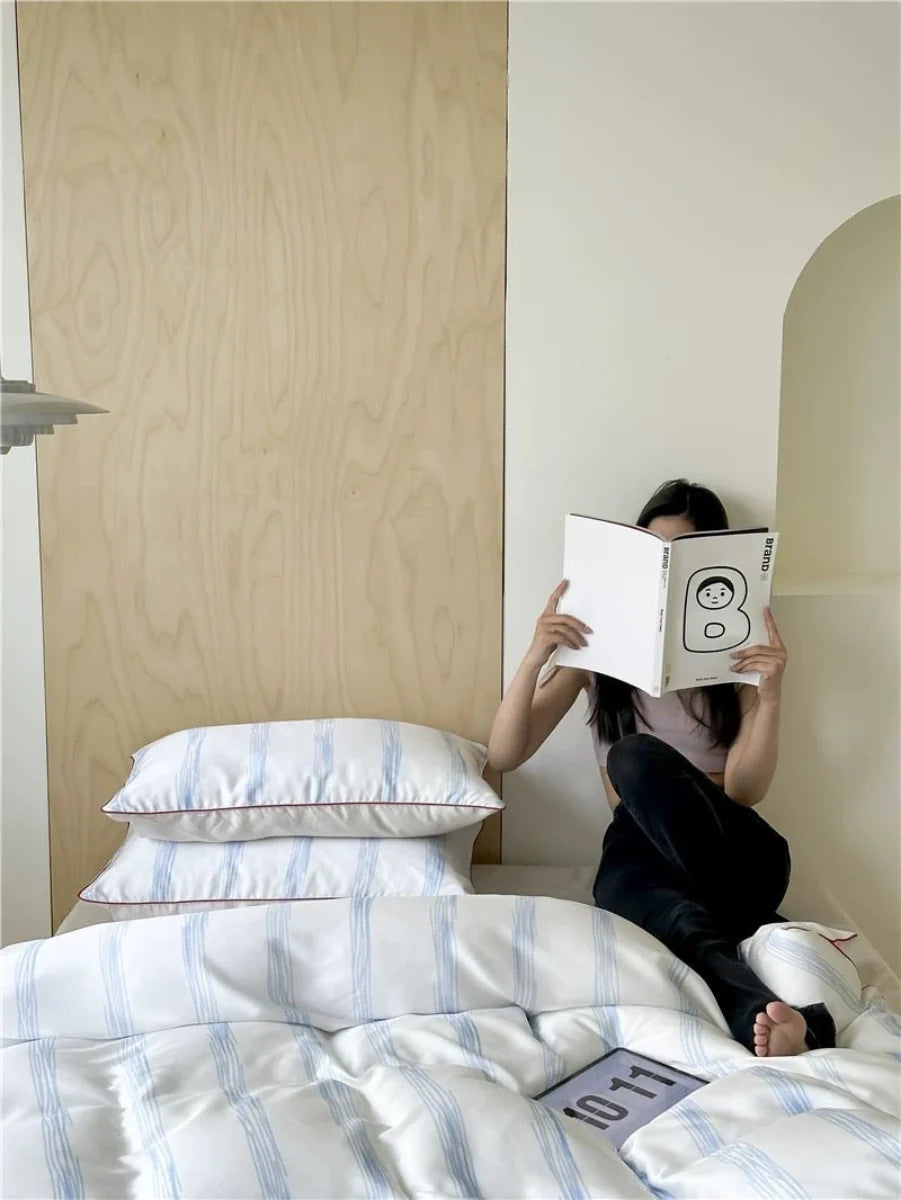 Elegant Coastal Silky Smooth Tencel Lyocell Queen Size Pastel Stripe Duvet Cover Set