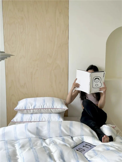 Elegant Coastal Silky Smooth Tencel Lyocell Queen Size Pastel Stripe Duvet Cover Set