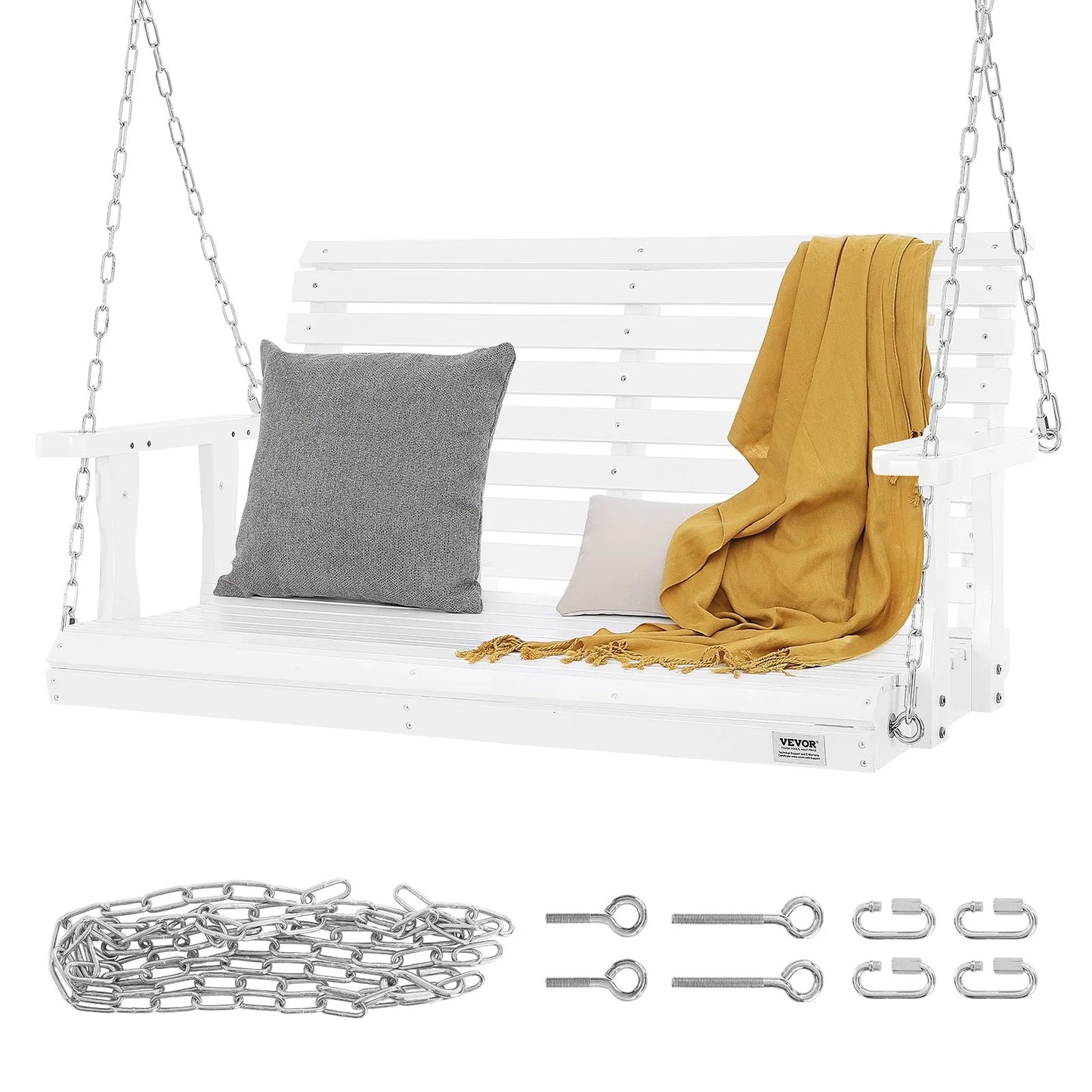 VEVOR Wooden Porch Swing 4 Ft, Patio Bench Swing for Courtyard & Garden, Upgraded 880 Lbs Strong Load Capacity, Heavy Duty Swing Chair Bench with Hanging Chains for Outdoors, White