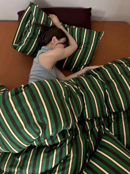 Retro Jersey Knit Stripe Queen Duvet Cover Set with Pillowcases & Fitted Sheet