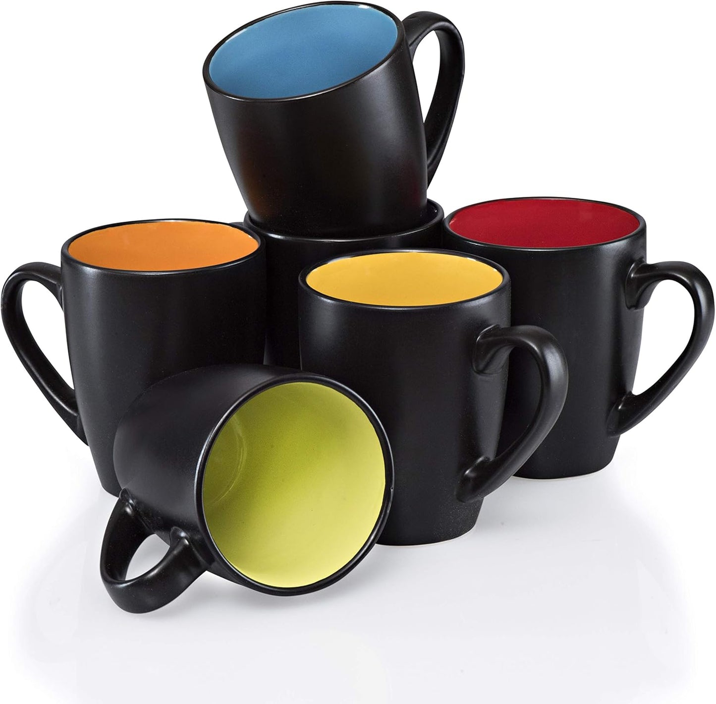 Stylish 14Oz Black Coffee Mugs Set of 6 - Durable Stoneware with Colorful Interiors Perfect for Your Coffee Maker