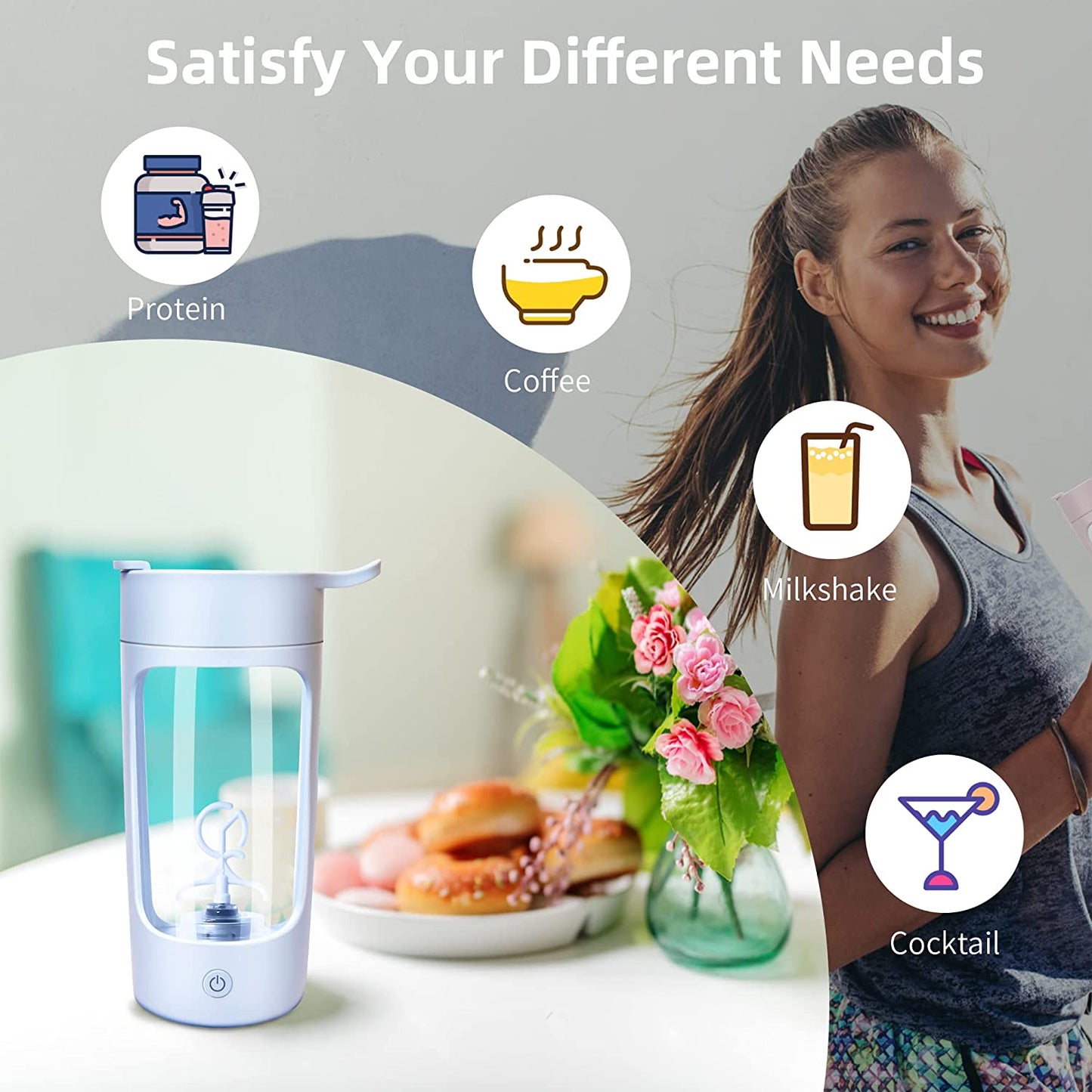 Rechargeable Electric Shaker Bottle - 22Oz Protein Mixer with Powerful Blender for Coffee and Milkshakes (Blue)