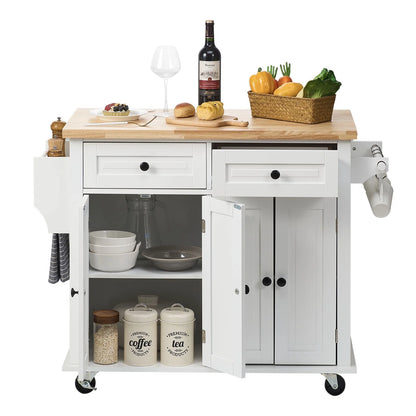 VEVOR Kitchen Island Cart with Solid Wood Top, 35.4 Width Mobile Carts with Storage Cabinet, Rolling Kitchen Table with Spice Rack, Towel Rack, and Drawer, Portable Islands on Wheels, White